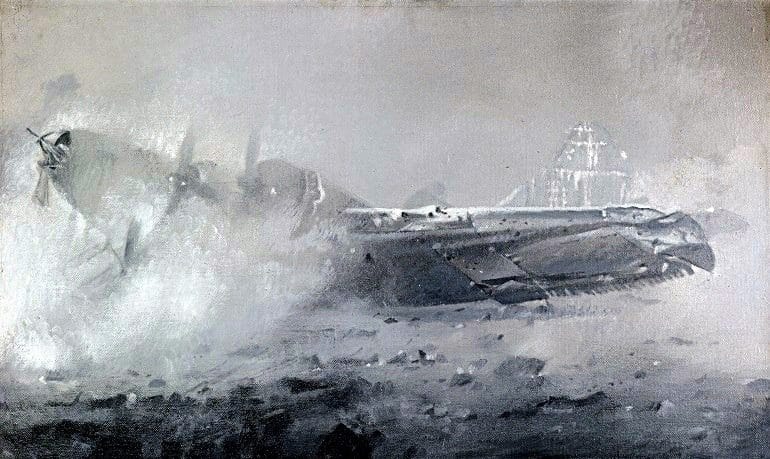 Image: Burning Plane, a painting by Vija Celmins, one of the female artists shows a plane crashing into the sea-Art Auction News