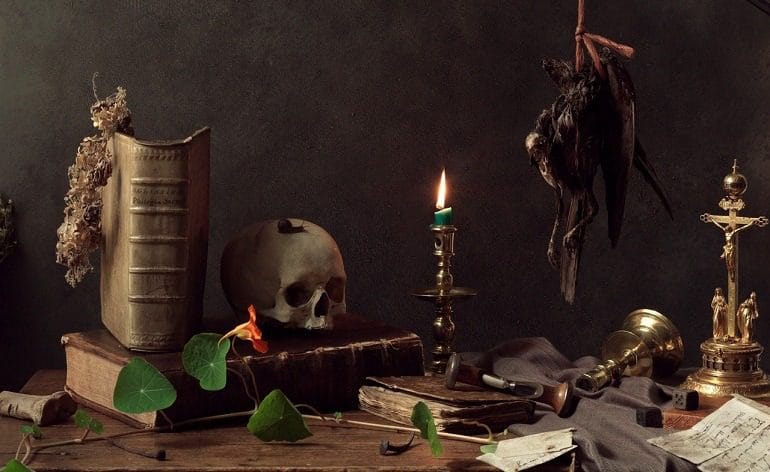 Image: Worth Investigating, a still life photography with a skull and dead bird by Frank van Driel is one of the photographs on display at the Eduard Planting Gallery in a show titled Celebrating Harvest