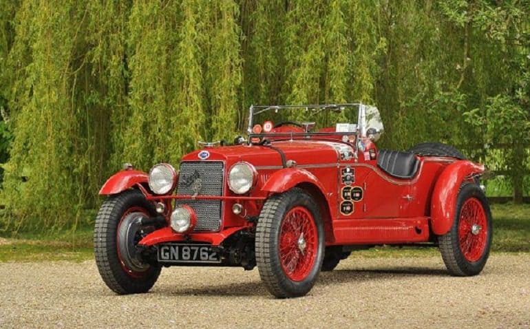 Image- red racing car used for raing in the 1900s. Historically significant 1930 OM 665 SS MM Superba-art auction