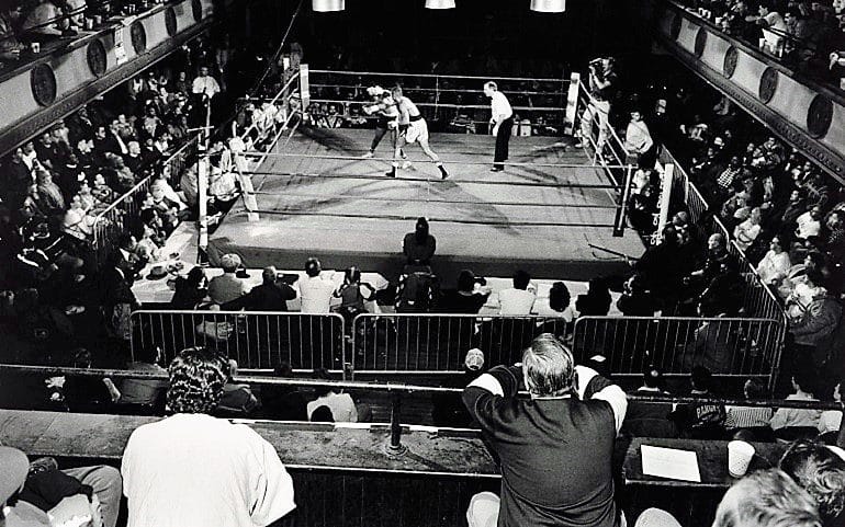 Image: Photograph of two boxers in the ring at Blue Horizon, Philadelphia, Pennsylvanian, January 1990 by Larry Fink, is one of the boxing photographs on display at the Philadelphia Museum of Art