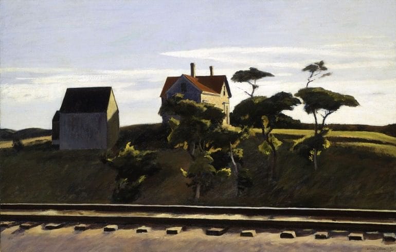 Edward Hopper, American , 1882-1967, The Railroad Tracks1931, oil on canvas, 32 x 50 in. 38 x 56 in. (framed). Emma Harter Sweetser Fund- 32.177. Image courtesy of Indianapolis Museum of Art (IMA