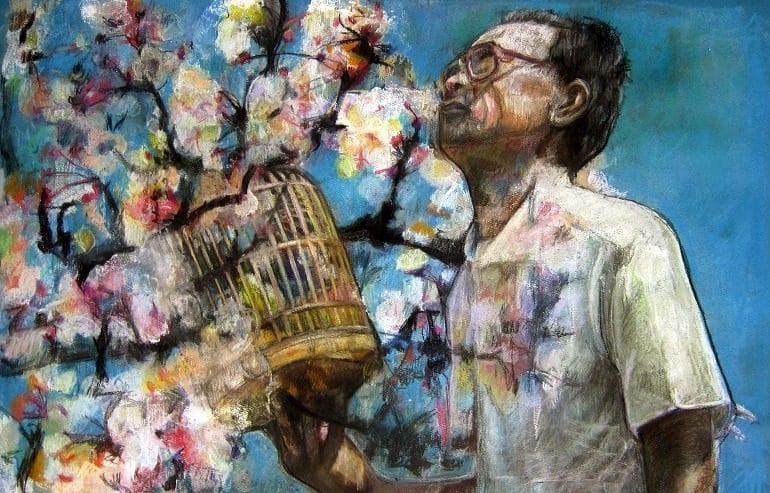 Image:  Vivian Ho,  'Bird with no Legs', Pastel on Paper is the depiction of a Chinese  man  looking at his bird in a cage   