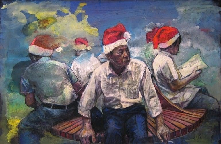 Image: Sakura, Pastel and Color pencil on Paper by Vivian Ho shows men at work as Santa -Everyday life in Hong Kong