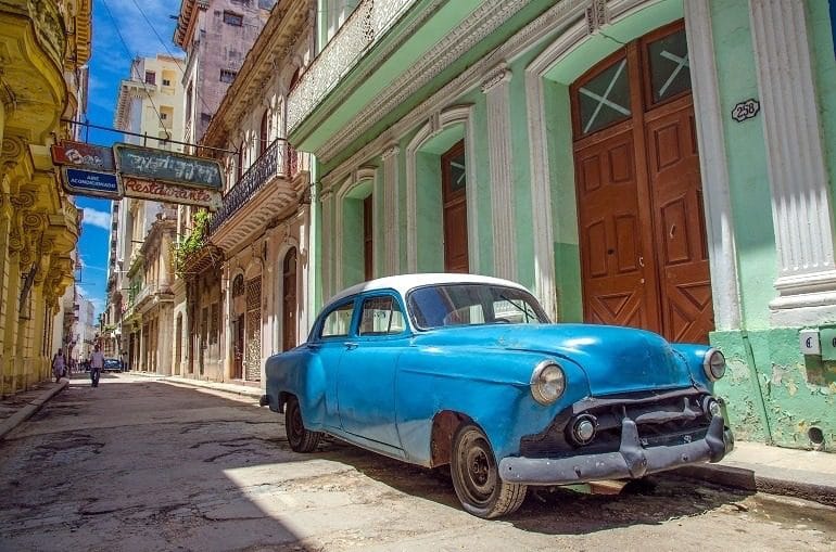 Image: Cuba Street with classical car in Havana Cuba