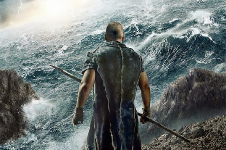 Image- Played by Russell Crowe, Noah, looks at the turbulent flood and disaster God had warn people about.-Bible Stories