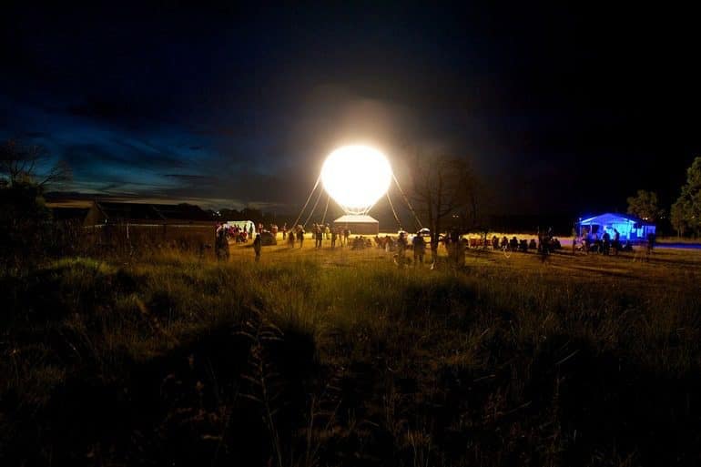 Image: Art project by Heather and Ivan Morison, Sleepers Awake, 2014, used balloon and light to illuminate the night-art project