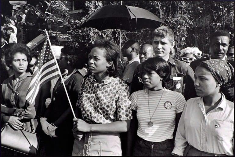 Image: Photo of Civil right protesters and SNCC workers outside the funeral for girls killed at the Sixteenth Street Baptist Church-Civil Rights Movement