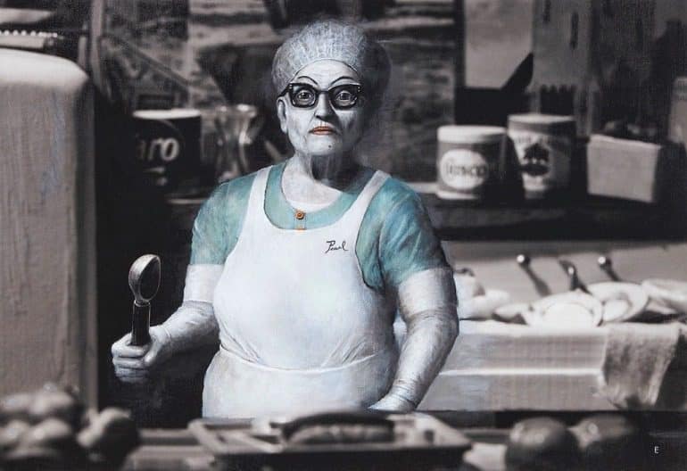 Image: Pearl the Lunch Lady at Shady Grove Nursing Home, a pigment print on canvas with acrylic paint by Elizabeth Ernst on display Catherine Edelman Gallery booth at Expo Chicago