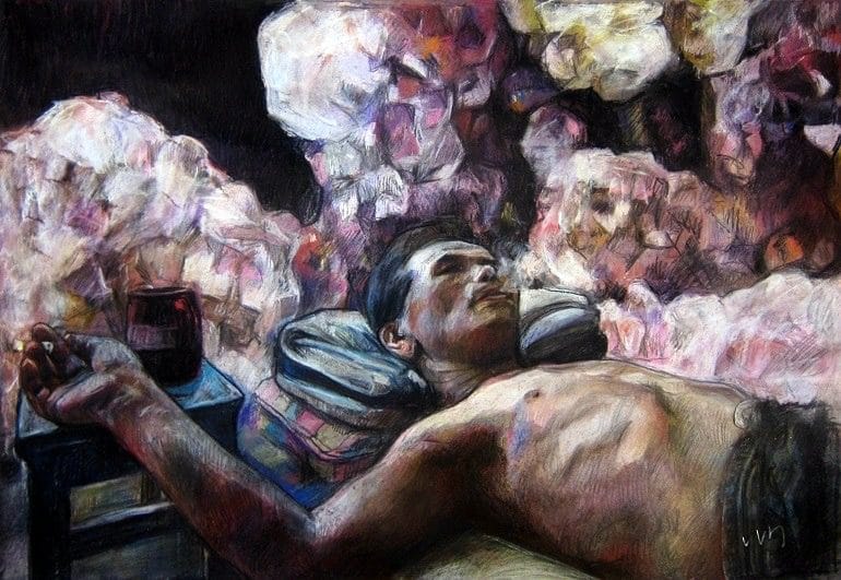 Image: Regrets, a pastel on paper by Vivian Ho shows a man smoking blowing smoke in the air. Hong Kong Experience