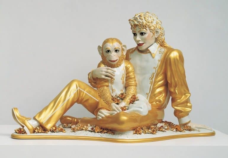 Image: Jeff Koons sculpture of Michael Jackson and his pet chimpanzee, Bubbles made from porcelain is on display at the Whitney Museum of American Art