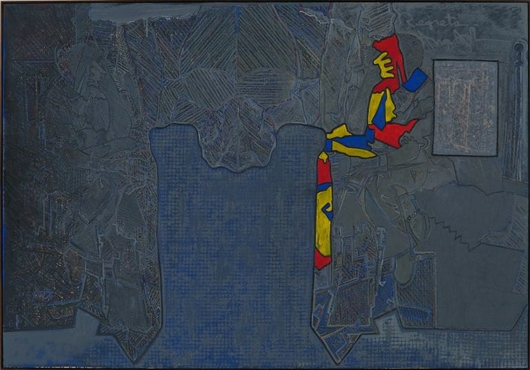 Image- Jasper Johns (American, born 1930). Regrets. 2013. The word Regrets play prominent role in Jasper Johns’s new series on display at the Museum of Modern Art in New York. Exploring the photograph of Lucian Freud taken around 1964 by the British photographer John Deakin, Johns introduces a new addition to his personal iconography-Art