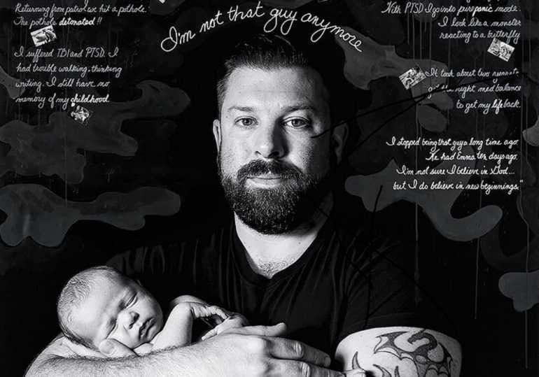 Image: Portrait painting of an American soldier who suffers from posttraumatic stress disorder PTSD with his baby