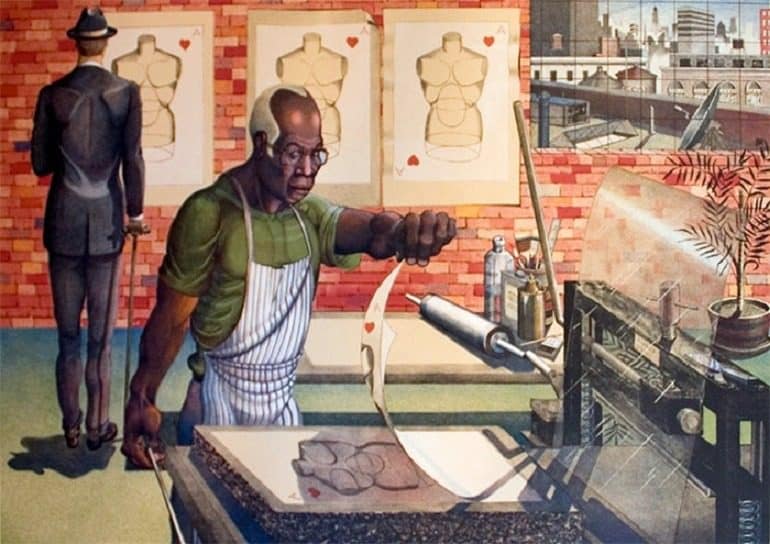 Image: Color lithograph on Rives BFK tan paper titled ‘Blackburn’ by Ron Adams, American (b. 1934) shows a man printing an images in the The Lawrence Lithography Workshop-Civil Rights Movement