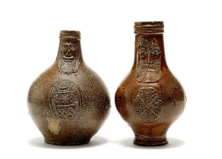 Image: Two Rhineland Stoneware Bellarmines, first half 17th century. Estimate: $ 1,000 - 1,400. Image courtesy of Bonhams-Fine European Ceramics
