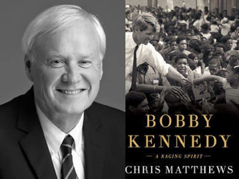 Image: Chris Matthew, presenter of Hardball on MSNBC on the cover of his new book 'Bobby Kennedy: A Raging Spirit', which he will discuss during the Enoch Pratt Free Library Writers LIVE this month