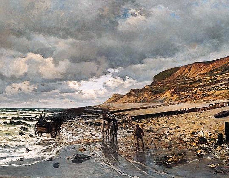 Image: La Pointe de la Hève at Low Tide 1865, an oil on canvas painting by Claude Monet on display at Kimbell Art Museum in Monet: The Early Years