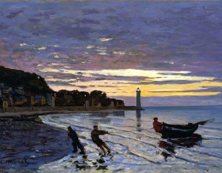 Image: Towing of a Boat at Honfleur, an oil on canvas painting by CM on display at Kimbell Art Museum