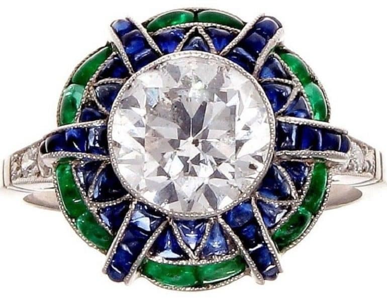 largest art show- Image: A beautiful 2.05 Carat old European cut diamond emerald Sapphire platinum ring, one of the jewelry to be offered by Jack Weir & Sons at Baltimore's largest art, antiques, & Jewelry Show Jack Weir & Sons