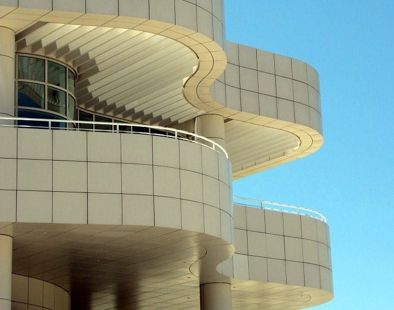 Image: Architecture of the Getty Museum, Los Angeles, California that has been a major center for painting, sculpture, decorative arts, and drawings exhibitions
