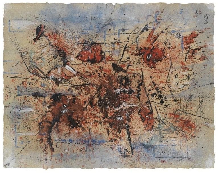 Image-Abstract art by Wols titled L’Explosion de la Cathedrale, 1946, borrows from abstract expressionism to create a painting in the like of Jackson Pollock sold at Post-War & Contemporary Art Sale in London