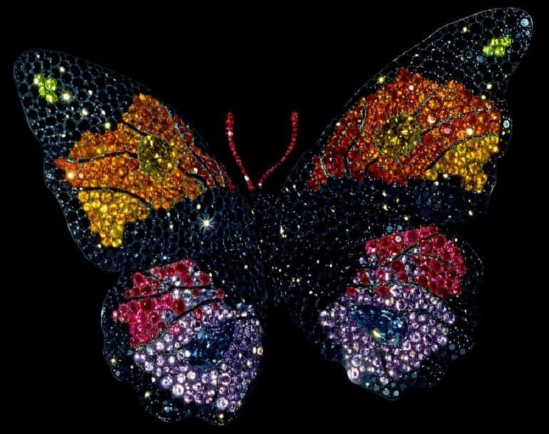 Image: A beautiful Butterfly Brooch made from Sapphires, fire opals, rubies, amethyst, garnets, diamonds, silver and gold by JAR of Paris is a Jewelry for the stars