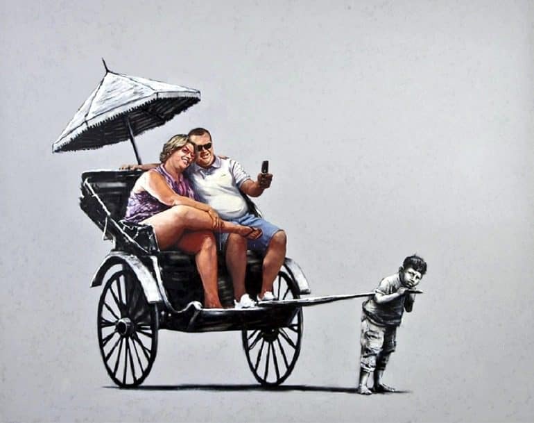 Image: Rickshaw by Banksy is an example of how the artist explores street art and graffiti art to make statements about capitalism and important social issues. Banksy Art