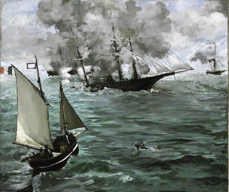 Image: The Battle of the U.S.S. "Kearsarge" and the C.S.S. "Alabama", an oil on canvas painting by the French artist Édouard Manet is one of the major highlights of Old Masters Now: Celebrating the Johnson Collection, at the Philadelphia Museum of Art