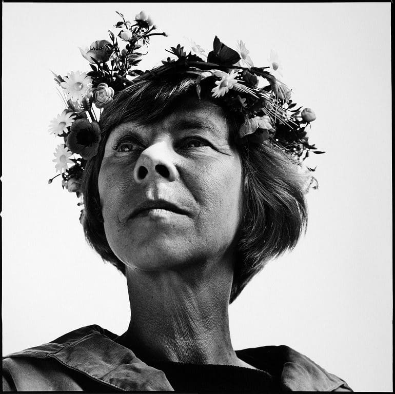 Image- Shows Tove Jansson, a Swedish-speaking Finnish novelist, painter, artist, illustrator and comic strip author. In the image by Portrait Photographer Hans Gedda Hans Gedda, a professional photographer , Tove Jansson is dressed like a nymph 
