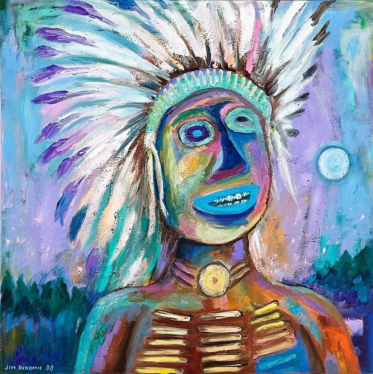 Image: Blue Eyed Chief, an oil on canvas by Native American artist Jim Denomie on display at the Eiteljorg Museum as part of the Native Art Now exhibition