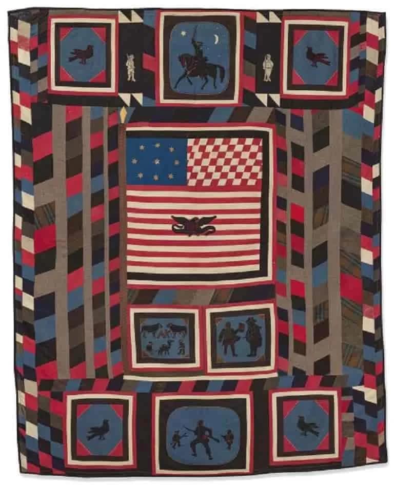 Civil War Zouave Quilt from 1863–64 by an Unidentified artist is made from Wool plain weave and twill, cotton plain weave and other structures, leather; pieced, appliqued, and embroidered with silk. It is one the works in Fabric of a Nation: American Quilt Stories exhibition giving visibility to the unknown artists