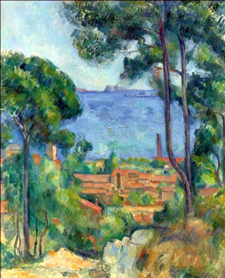 Image: Vue sur L’Estaque et Le Château d’If by Paul Cézanne, is an unusual vertical-format landscape by the famous impressionist artist