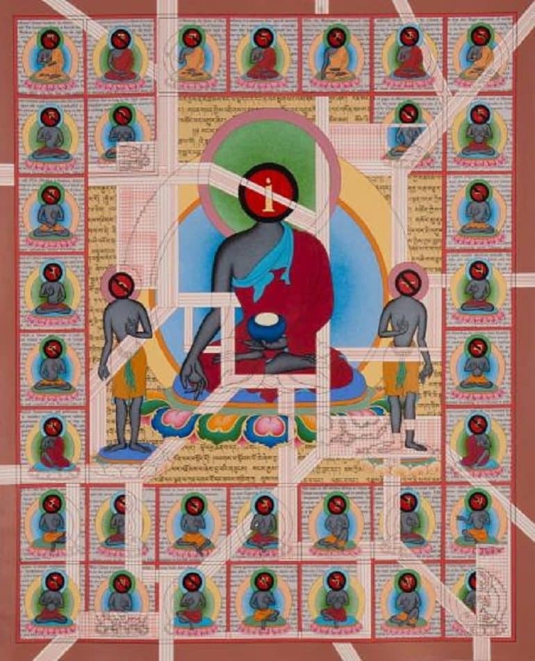 Image: Tenzing Rigdol's Identity, 2015, ink, pencil, acrylic, pastel and scripture on paper will part of Rossi & Rossi exhibit at Fine Art Asia 