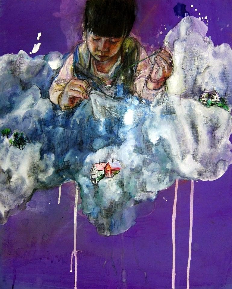 Image: Vivian Ho's ' Castle in the Cloud', a pastel, poster color and color pencil on paper shows a Chinese woman in a dreamland -Everyday life in Hong Kong