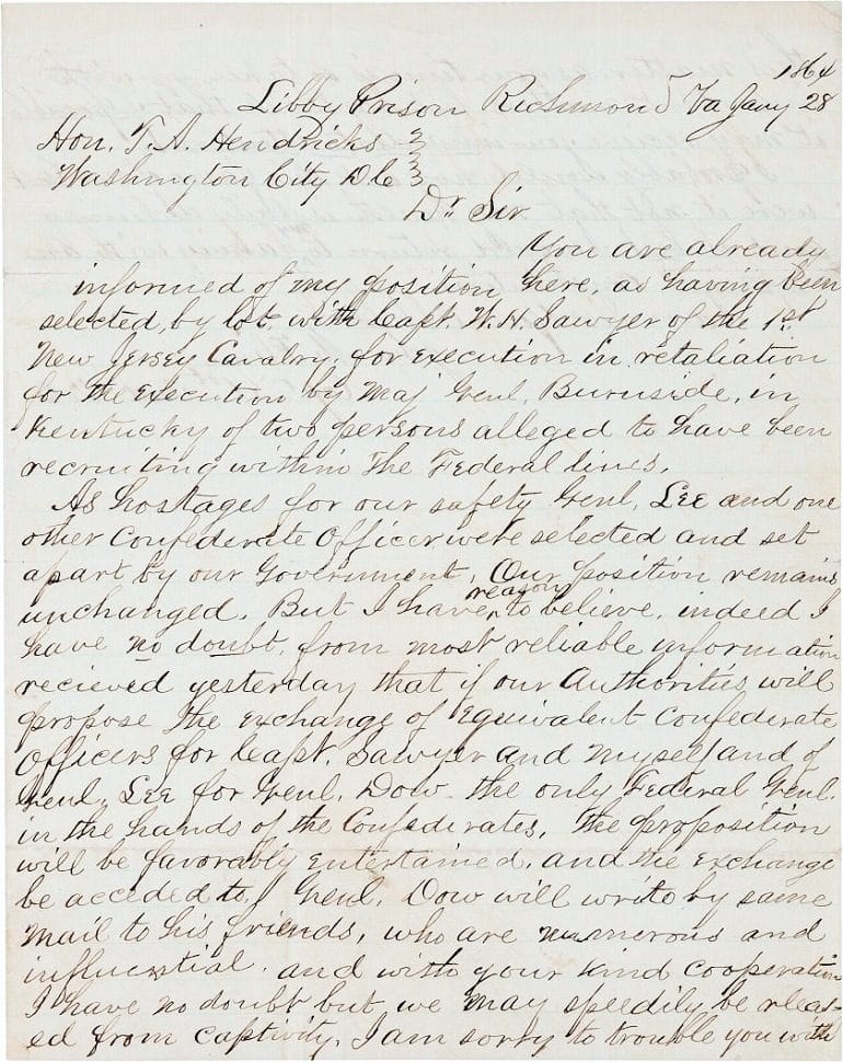 Image: A letter by Abraham Lincoln with which he arranges P.O.W. Exchange for Condemned Libby Prison Inmates Involving Robert E. Lee's Son