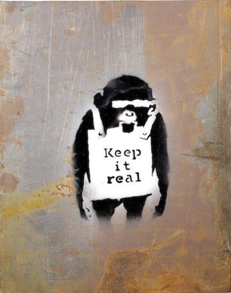 Image: Banksy Keep it Real 2006, stencil spray paint on found steel sheet, mande great showing in an auction led by Frank Auerbach
