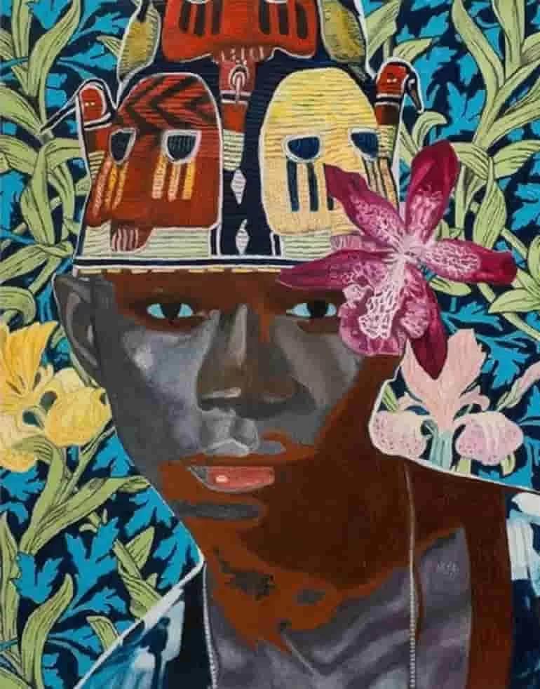 The Flowers on the Crown of the King by Wole Lagunju is the portrait of a young man wearing a Yoruba crown with different motifs. There is a flower attached to the crown. In the background are leaves and beautiful yellow and pink dandelions.