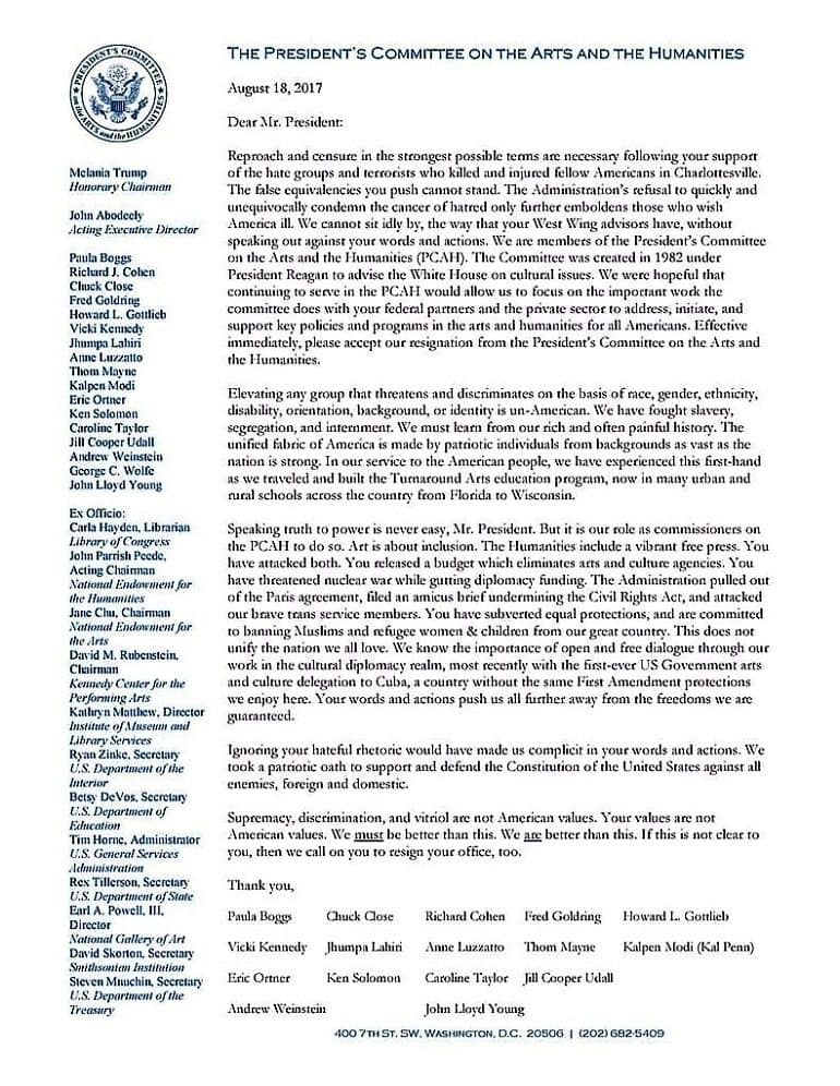 Charlottesville Virginia-Image: Letter of Resignation posted on Twitter by the President's Committee on the Arts and the Humanities after the Charlottesville violence