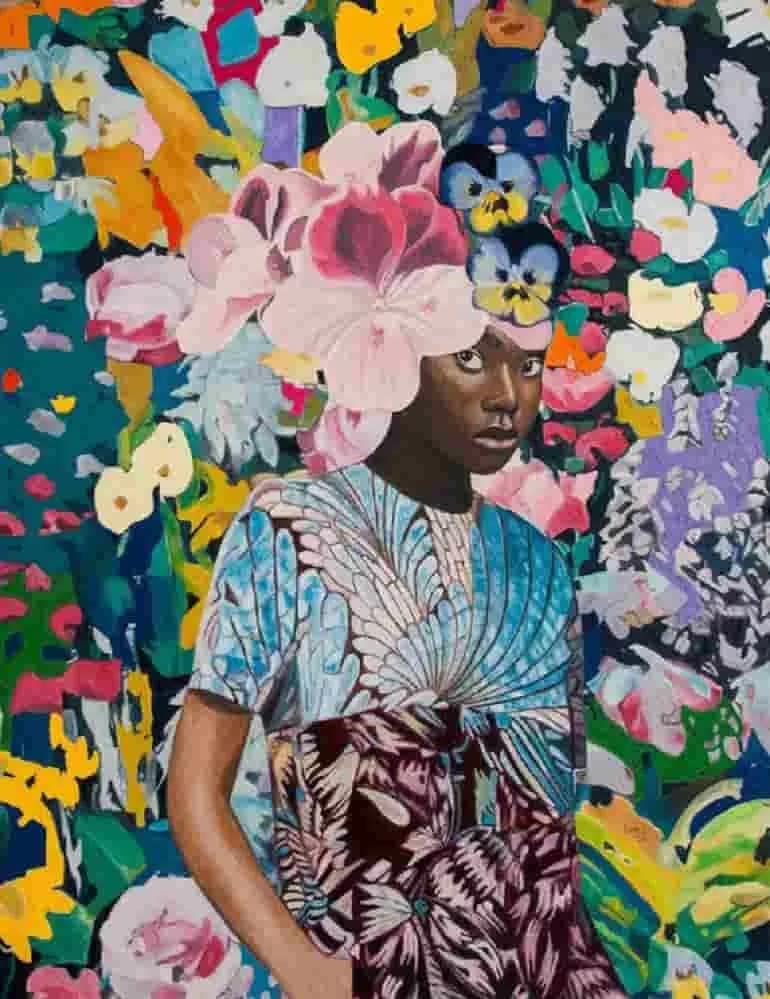 To Pluck a Flower, Ododo by Wole Lagunju is a the portrait of a beautiful girl with a lot of flowers of different around her. The girl gazes into the distance as if inviting the viewer to take a look. This is one of the ways the artist projects the African culture.