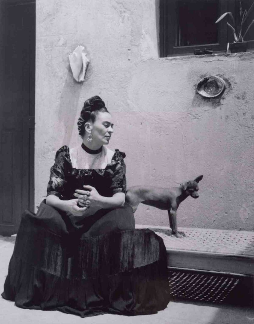 Image: Frida Kahlo with dog, a black and white photograph by Lola Alvarez-Bravo taken around 1944 in Frida Kahlo: Appearances Can Be Deceiving at the Brooklyn Museum
