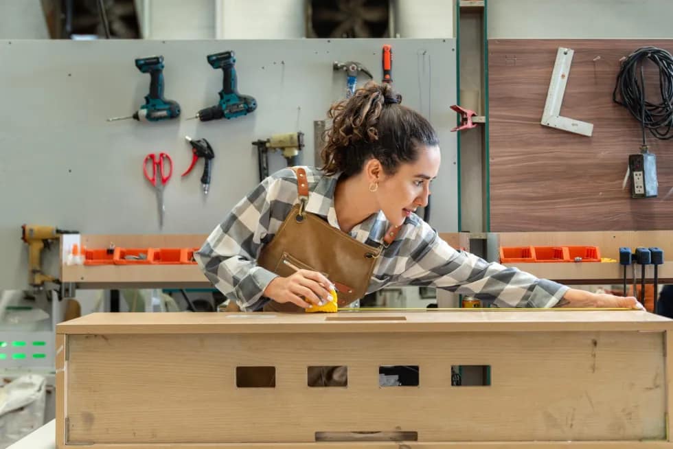 A young woman is measuring a large plank of wood in her workshop. She has a ponytail and is wearing a brown apron. Engage in creative woodworking projects for your weekend